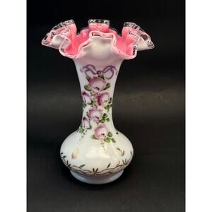 Charlton Hand Painted Satin Glass Vase Pink Ruffle Rim Roses Gold Gilt 8”